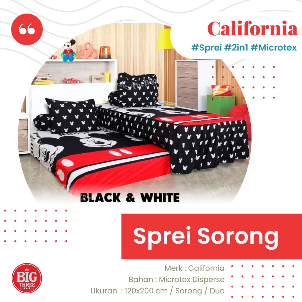 Sprei CALIFORNIA 2in1 DUO SORONG 120x200 motif Yellow Mickey Polka Metrico Mosaic Loop Ziggy Houndstooth Kaz Lexxa Orly Jasmine Blooming Marie Tropical Leaf Cat 120 SP DUO