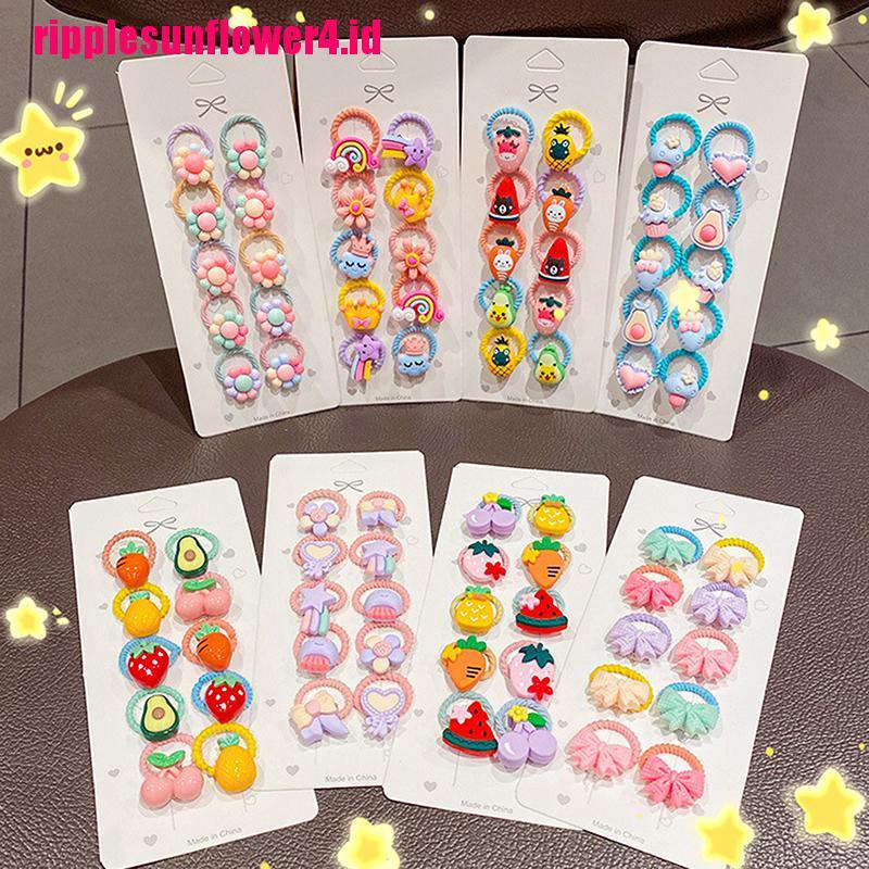 10pcs Karet Rambut Ponytail Elastis Motif Kartun Bunga