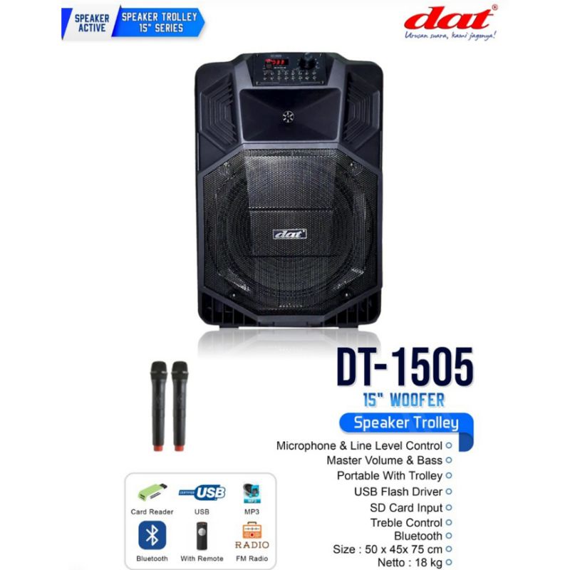 GROSIR SPEAKER PORTABLE DAT 1505 MIC WIRELESS GARANSI RESMI