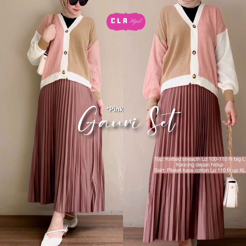 Setelan Wanita Rok Plisket, Outer Knit Import Gauri by CLAHIJAB
