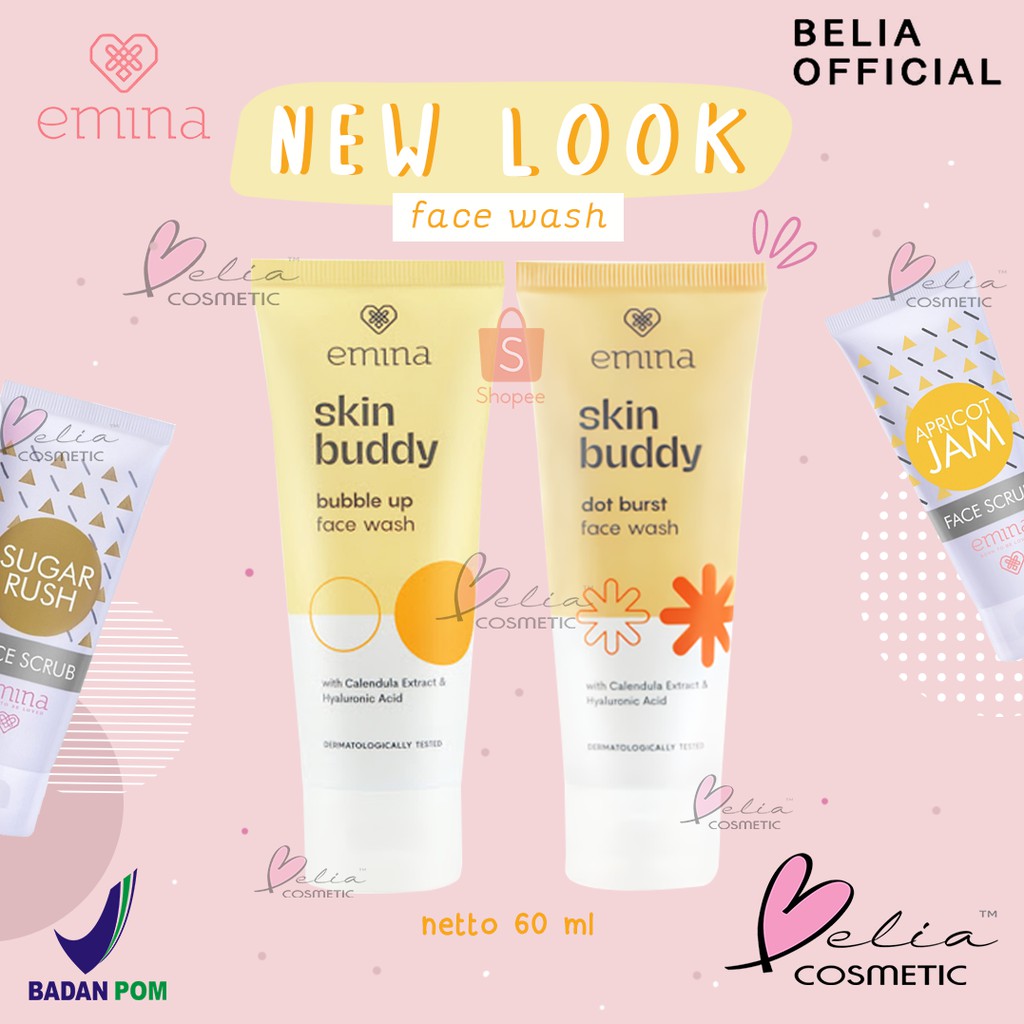 ❤ BELIA ❤ Emina Skin Buddy | Face Wash, Scrub 60ml Dot Burst, Double Bubble, Apricot Jam BPOM