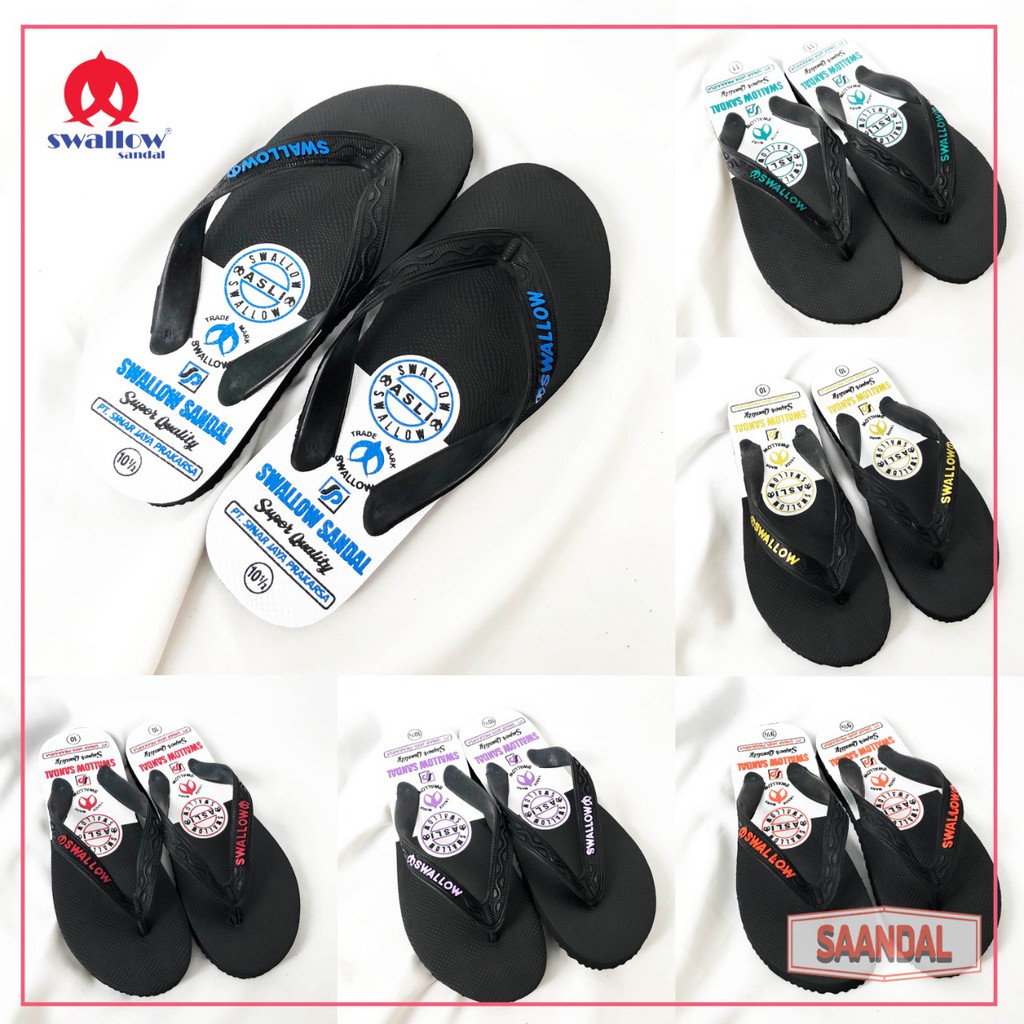 Grosir-Sandal Jepit Hitam Swallow Retro Pria Wanita Anak (ISI 6 PASANG)