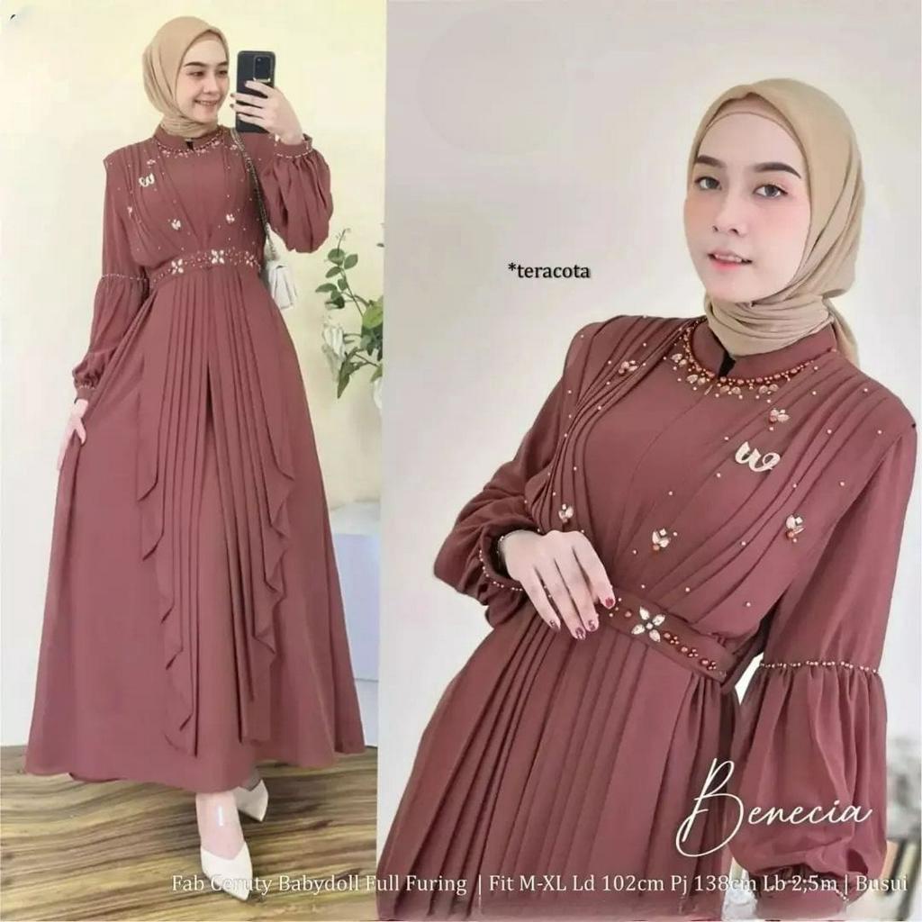 Benecia Maxy Dress Kondangan Aksen Payet Fashion Muslim Bahan Ceruty Babydoll Kekinian Baju Gamis Kondangan Pesta Terbaru 2023 Lengan Panjang Glamour Mewah