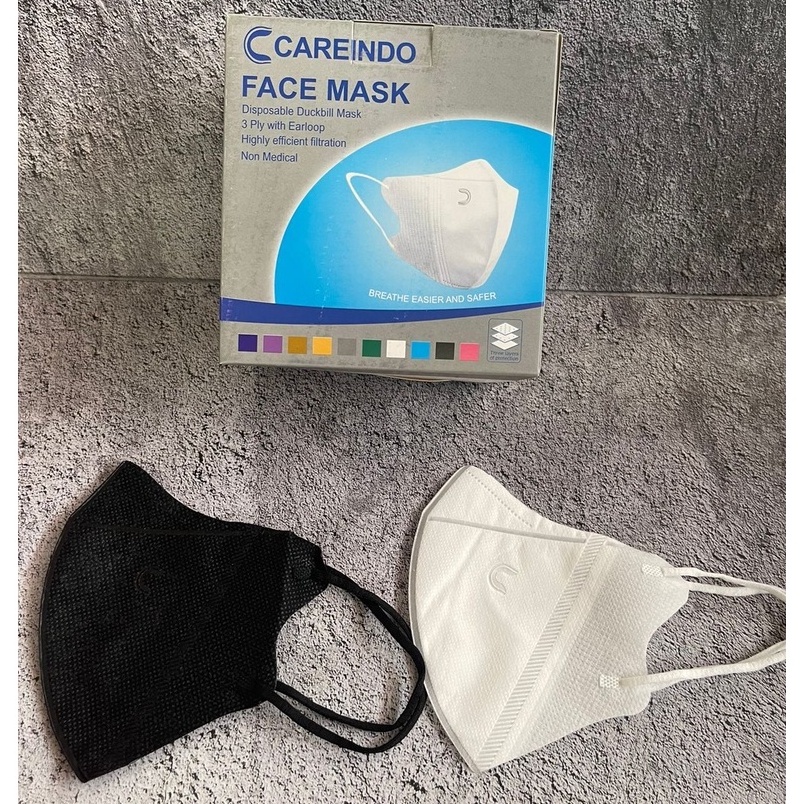 MASKER CAREINDO DUCKBILL 3 PLY ISI 50 PCS MASKER DUCKBILL HITAM PUTIH CANTOL BOX 50 PCS