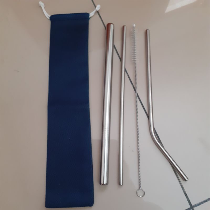 Set Sedotan Stainless Lurus Bengkok Sikat Sedotan Alat Makan