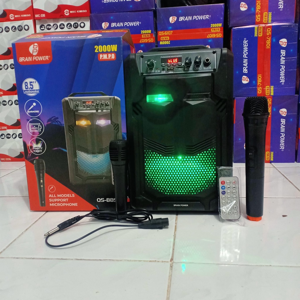 SPEAKER BLUETOOTH QS-889 BONUS + MIC KARAOKE WIRELESS + MIC KABEL+ REMOTE SUARA BASS