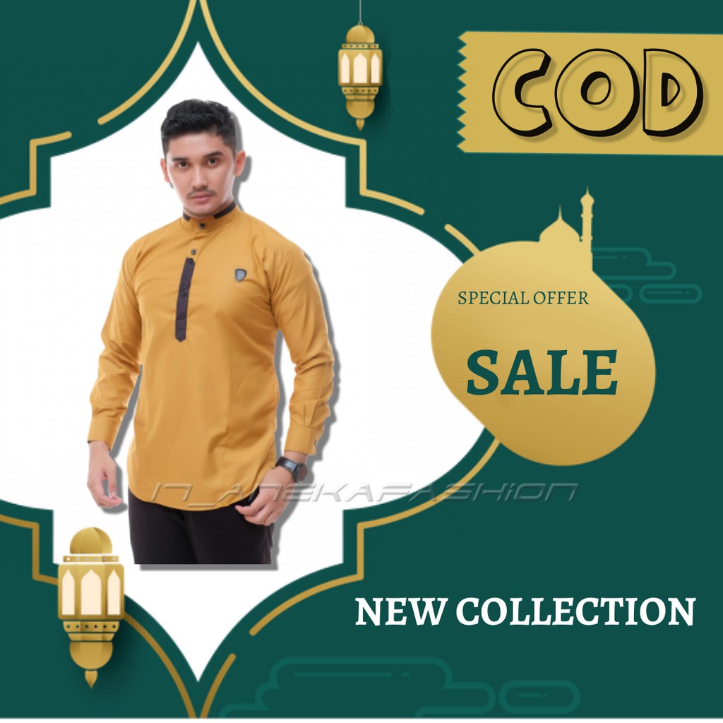 Baju Muslim Pria Lengan Panjang Terbaru Kemeja Koko Kurta Dewasa Gold Bahan Katun Toyobo