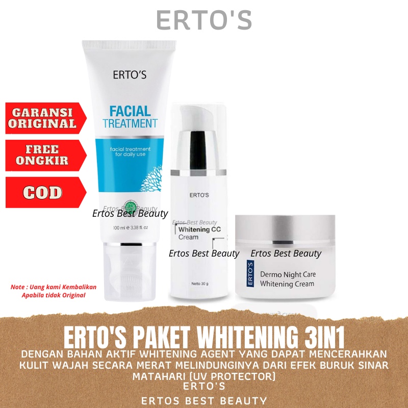 Ertos Paket Whitening Memutihkan Wajah ( Ertos Facial Treatment , Night Cream , CC Cream  ) 3in1