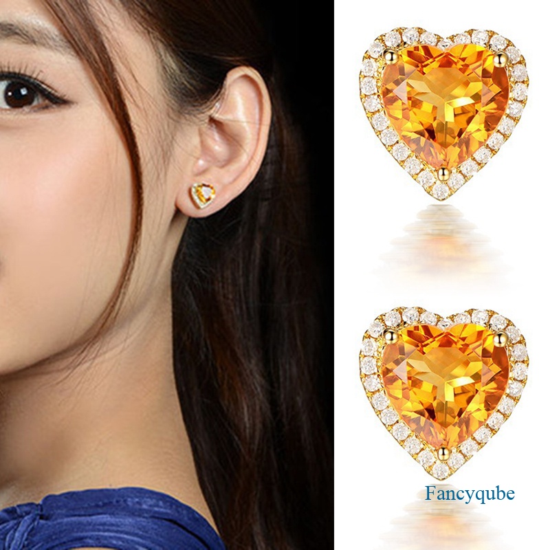 Fancyqube Anting Stud 925 Silver Bentuk Hati Aksen Batu Permata Zirkon Citrine Untuk Wanita