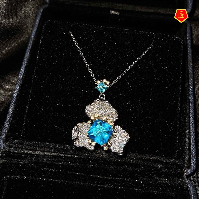 [Ready Stock]Jewelry Flower Stud Earrings Elegant Blue Topaz Ring Necklace Set