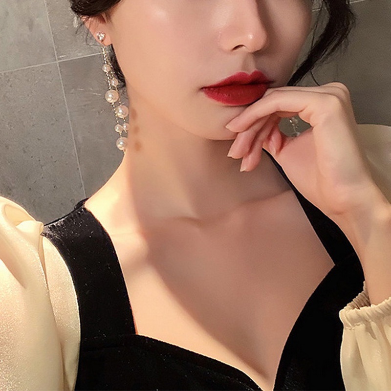 Anting Rumbai Panjang Ganda Aksen Mutiara Berlian Imitasi Gaya Korea Untuk Perhiasan Pacar