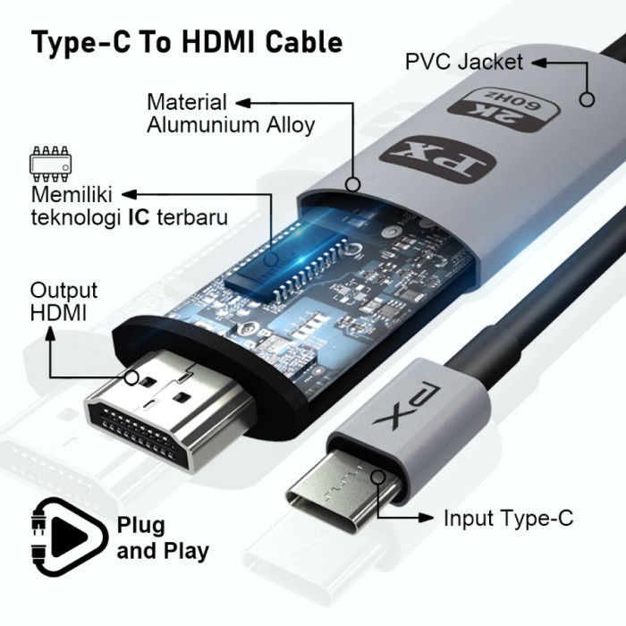 PX MHA-30C Kabel MHL USB Type C to HDMI - TV Proyektor Converter 2M