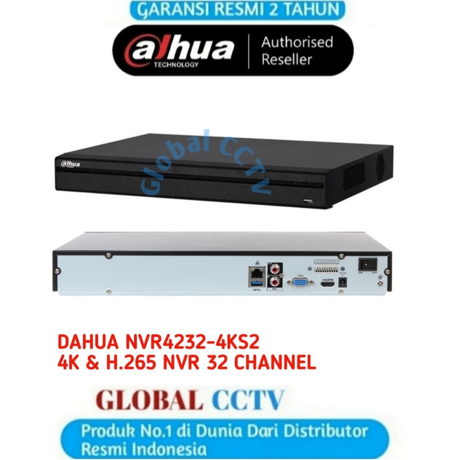 NVR DAHUA 32 CHANNEL 4K NVR4232-4KS2 NON PoE Original Garansi 2 Tahun