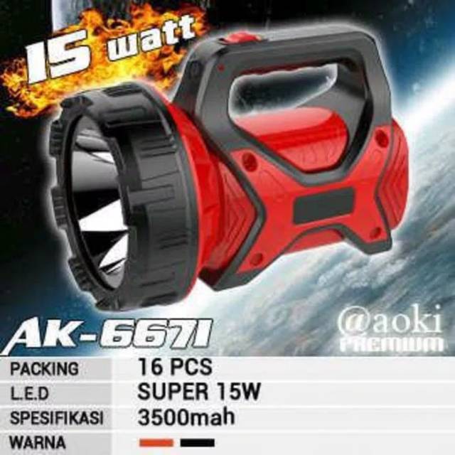 Lampu senter jumbo besar aoki premium ak 6671 led lampu senter 15 watt aoki ak 6671