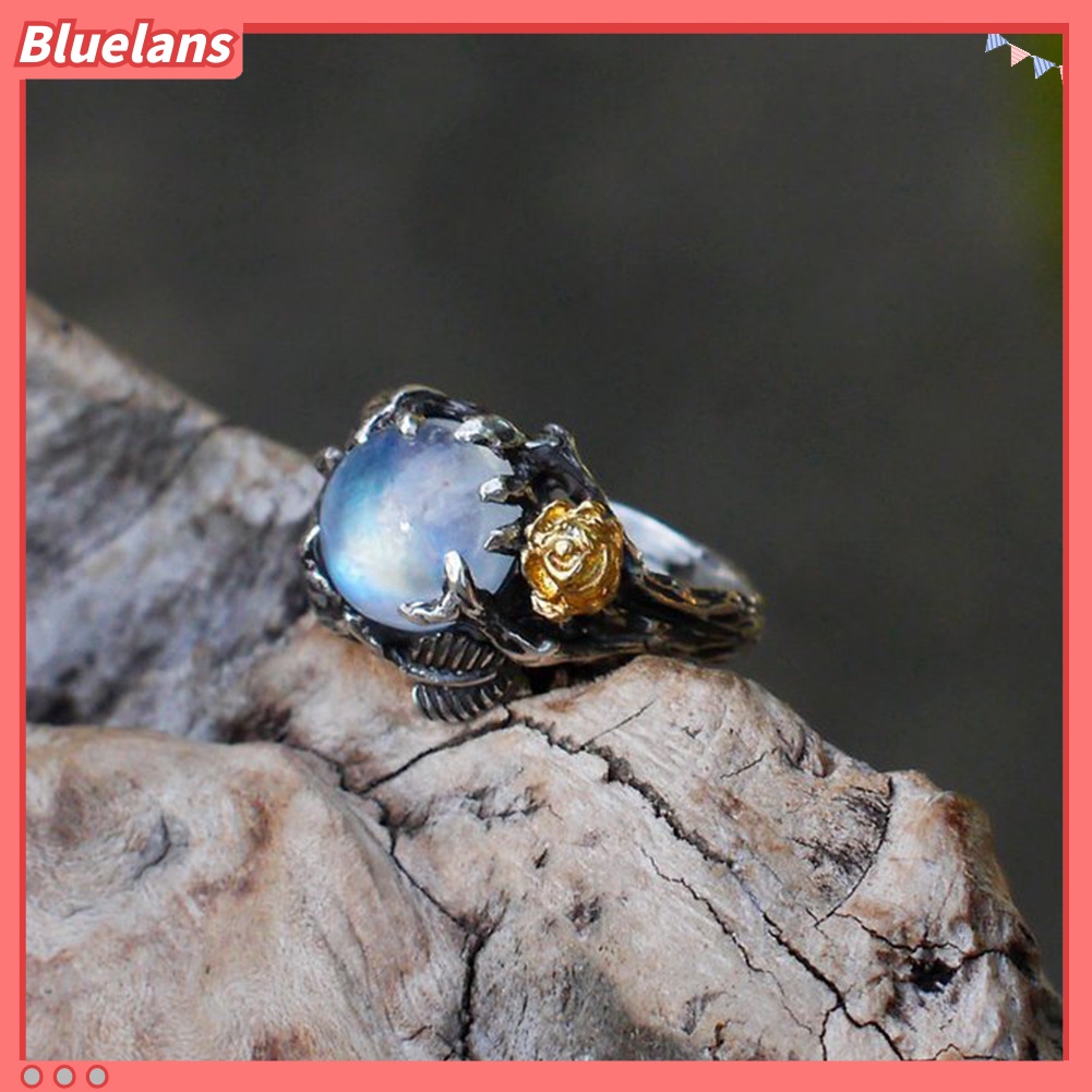 Bluelans Vintage Round Faux Moonstone Inlaid Rose Leaves Women Ring Party Jewelry Decor