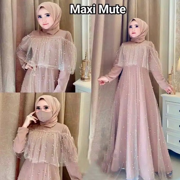 MAXI GAMIS MUTE GAMIS WANITA MUSLIM / MAXI DRESS BAHAN MOSCREPE KOMBY MUTIARA TANPA MASKER-MOCA