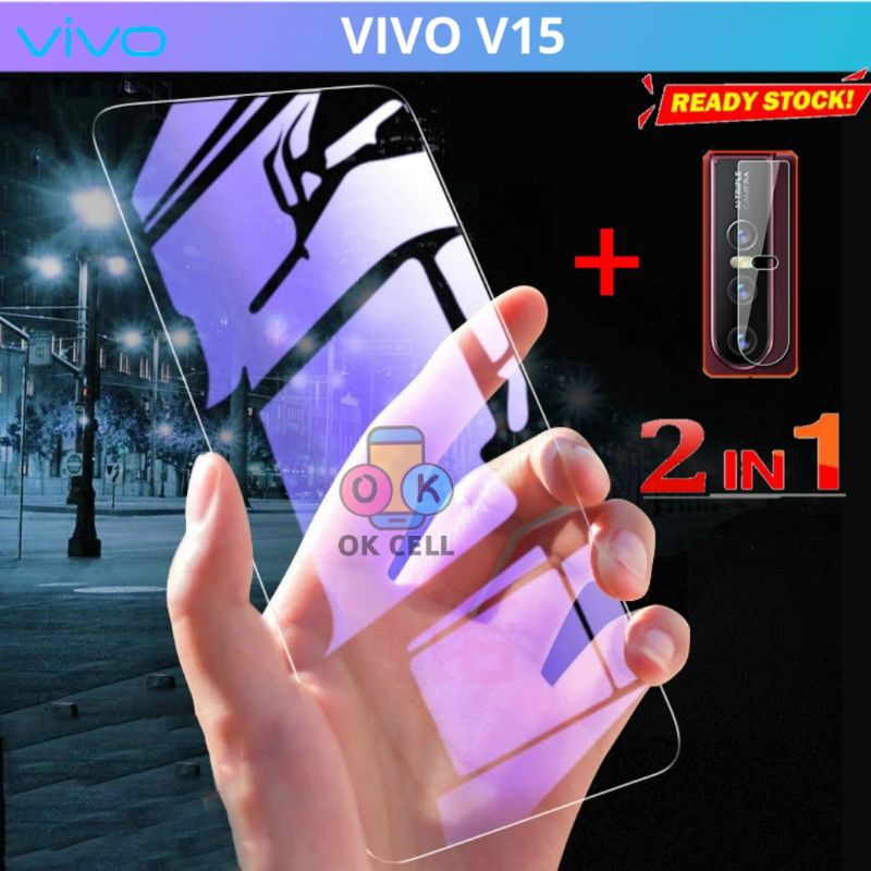 2IN1-Tempered Glass Screen TG Anti Gores Blue Light Vivo V15 Full Layar Kamera Radiasi Protector