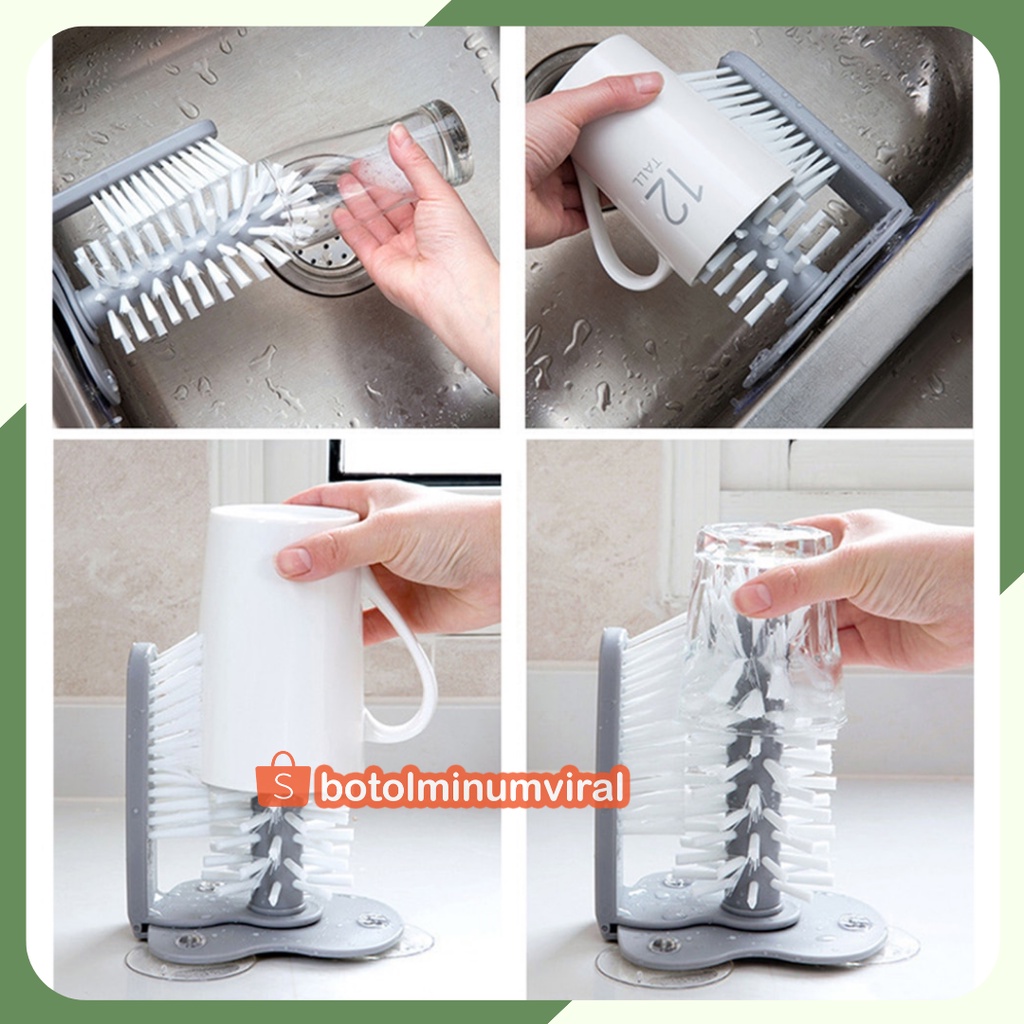 Sikat Botol Gelas Tempel Wastafel Sikat Cuci Serbaguna Pembersih Bahan PP PVC Premium Alumunium Brush Elastis Abu-abu Putih Praktis Elegan Unik Multifungsi Easy to Install untuk dinding Wastafel Keramik dengan psuction cup mudah digunakan dipasang