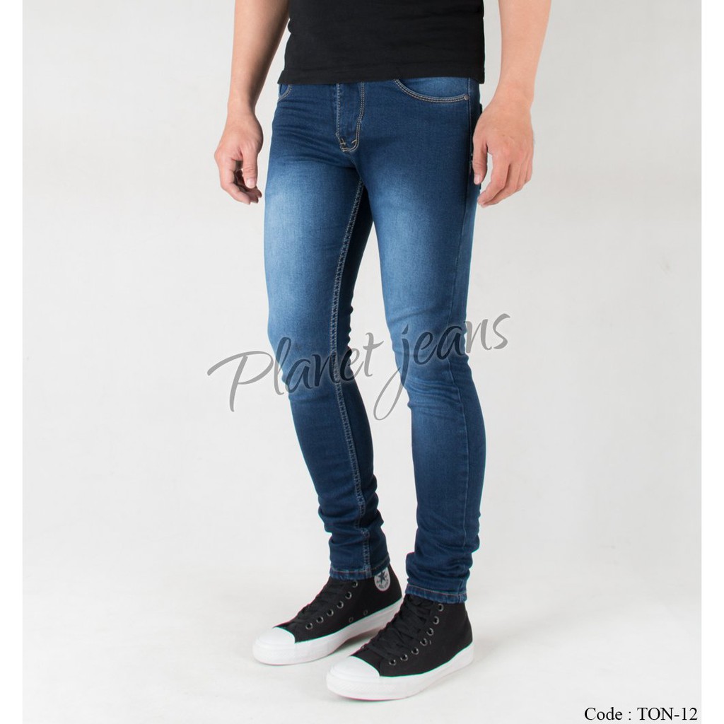 Celana Jeans Panjang Skinny FIt Pria Biru Tua Denim Cowok Skiny Pensil Blue Washed TON12