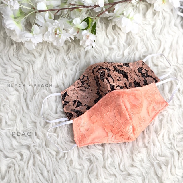Masker kain non medis 3ply fashion brukat lace peach salem hitam earloop/ headloop wanita cewek