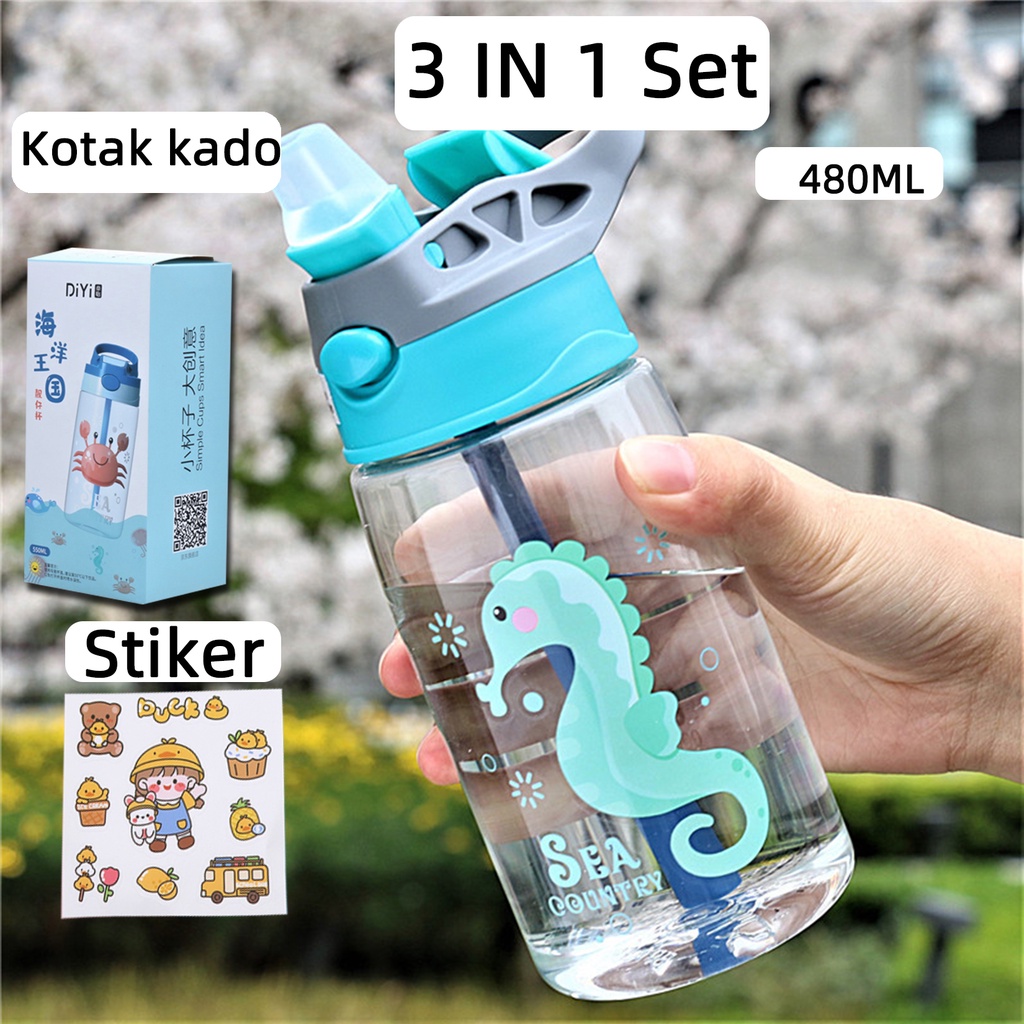Botol Minum Anak Desain Unik Variasi Motif Karakter terdapat Sedotan BPA FREE bottol minum sedotan cangkir jerami cangkir plastik lucu cangkir kartun portabel 480ML 1000ML-kuda laut 3 IN 1