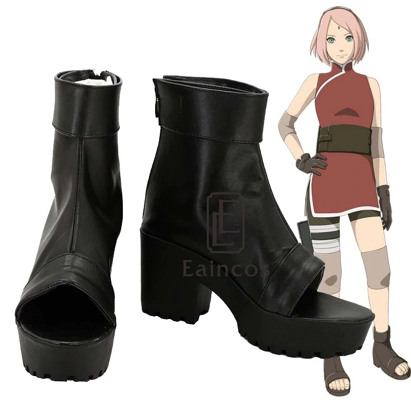 sepatu boots Anime NARUTO Haruno Sakura Cosplay Shoes Black Peep Toe Boots Customized Size
