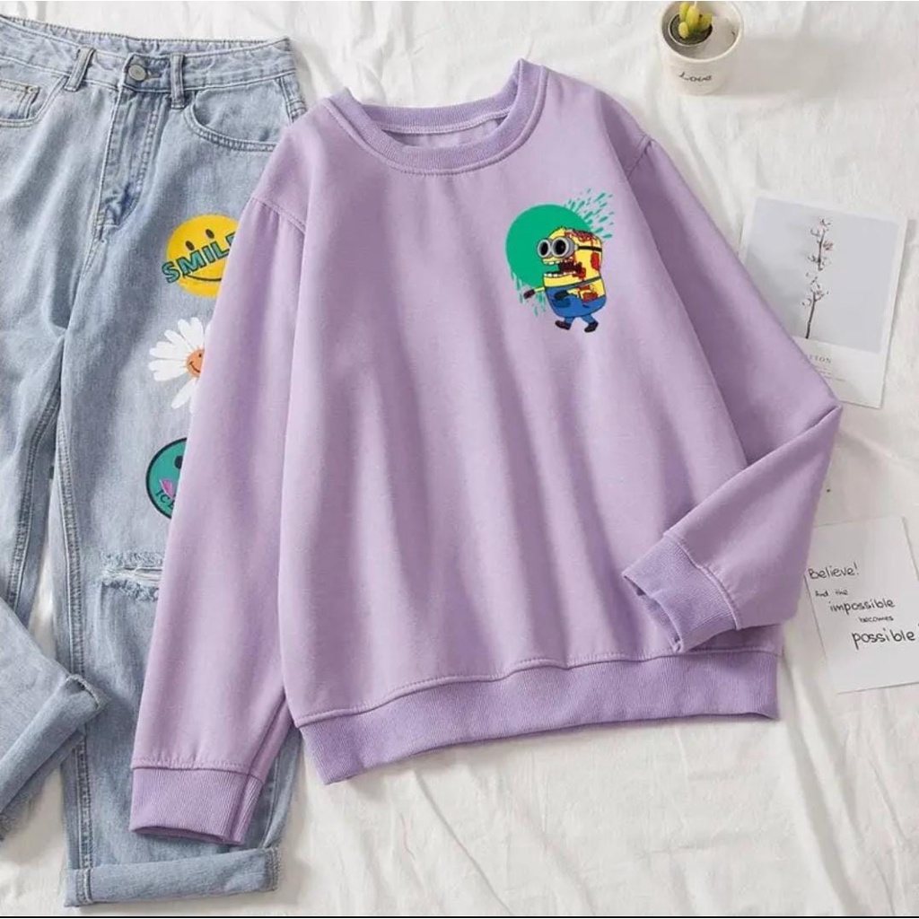 SWEATER CREWNECK WANITA MINION ZOMBIE FLEECE TEBAL LEMBUT MURAH TERBARU'