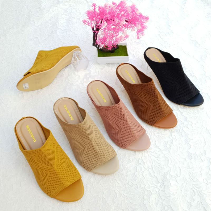 Sepatu Selop Wanita Hak Kaca 5Cm Bahan Rajut