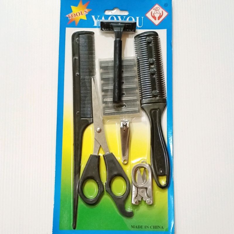 Gunting Potong Rambut Cukur Sisir Sasak Set 7 Pcs Hijau / Zigzag Shaggy Combi + Scissors