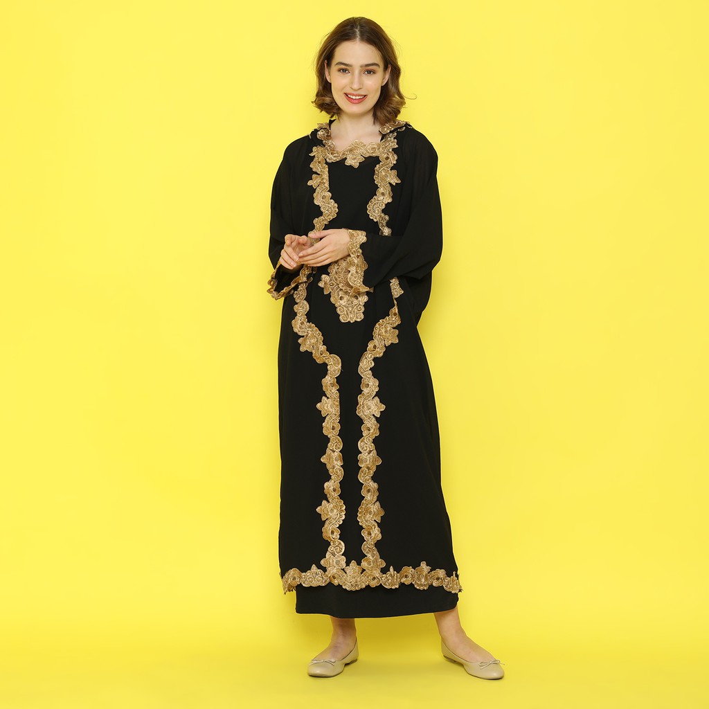 PROMO Gamis Wanita Muslim Dress Kapucong Hoodie Terbaru Warna HITAM PUTIH Sifon Full Bordir All Size