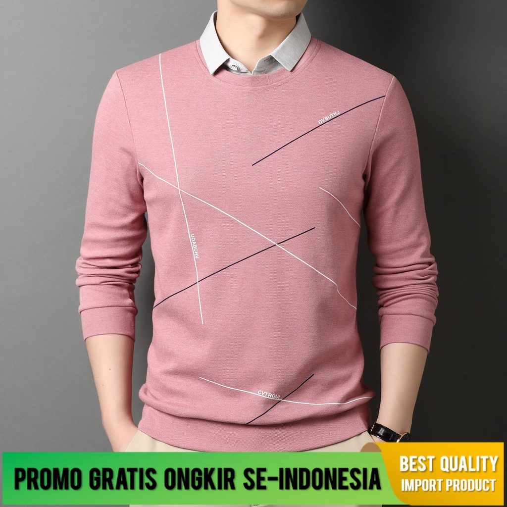 T-shirt Palsu Dua Potong Rajutan Sweater Middle-Aged Korea Kasual Polo cetak Lengan Panjang Pria Imp