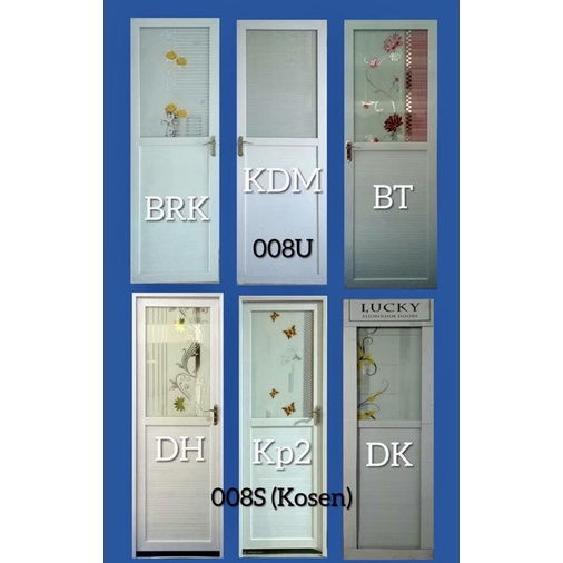 Pintu Kamar Mandi Aluminium Kaca Depan Kaca Motif + Kaca Belakang Kaca Cermin Putih Cokelat Lengkap 