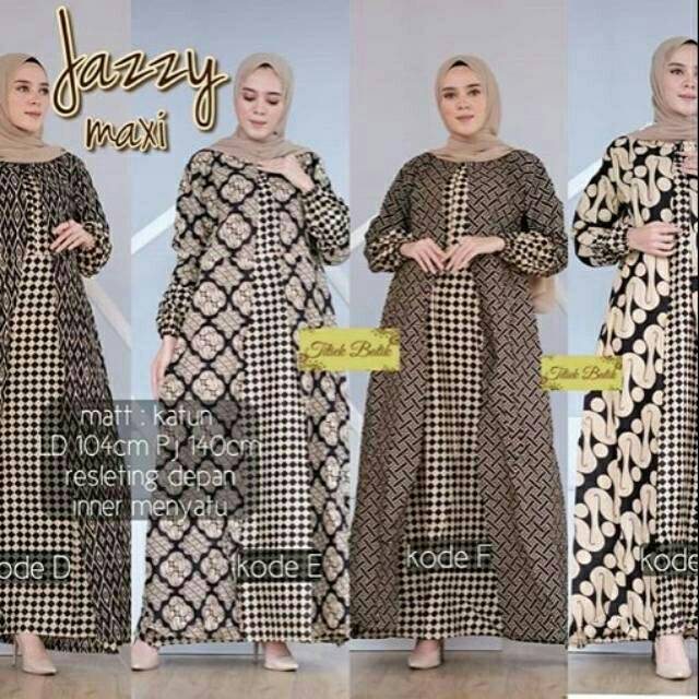 Jazzy Maxi Gamis Cardi Layer Batik Sogan Muslim Long Maxi Seragam Pesta Casual Modern Baru Panjang