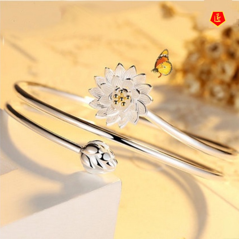 [Ready Stock]Elegant Lotus Silver Rotating Open Bracelet