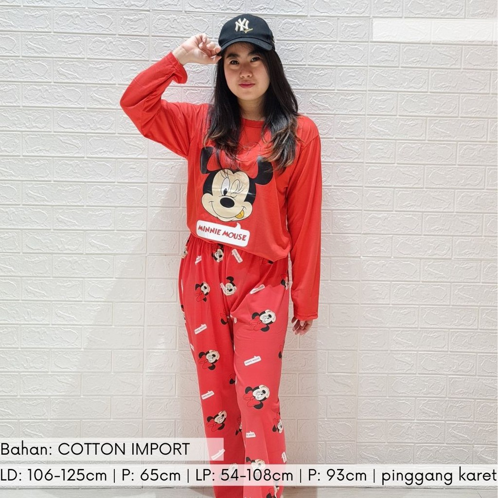 3527 kaos pajamas long red mouse one set import big baju tidur