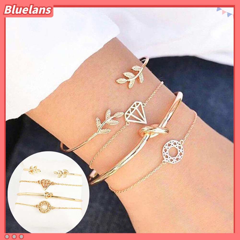 4pcs / Set Gelang Bangle Model Terbuka Bentuk Daun Simpul Hollow Aksen Kristal Gaya Boho Untuk Wanita