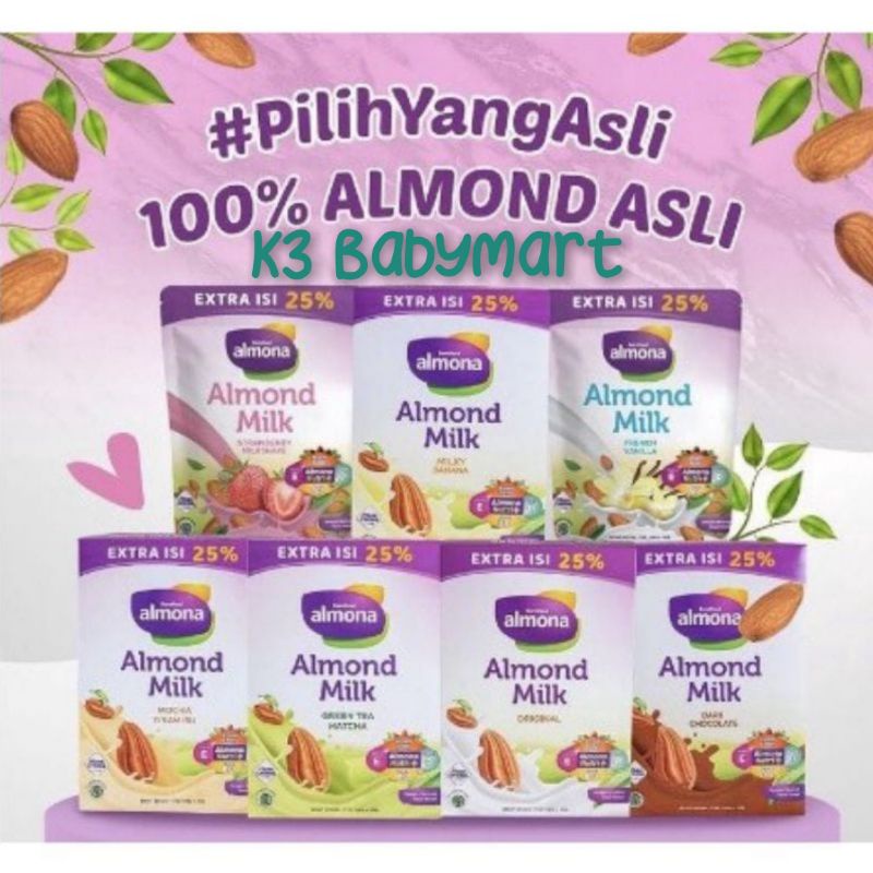 Almona Almond Milk Powder susu kacang almon asli pelancar asi dengan daun katuk Asi Booster original vanilla coklat mocha tiramisu matcha green tea strawberry Barefood