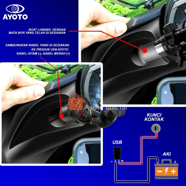 Charger Motor Mobil AYOTO Dual USB Voltmeter LED Digital Waterproof