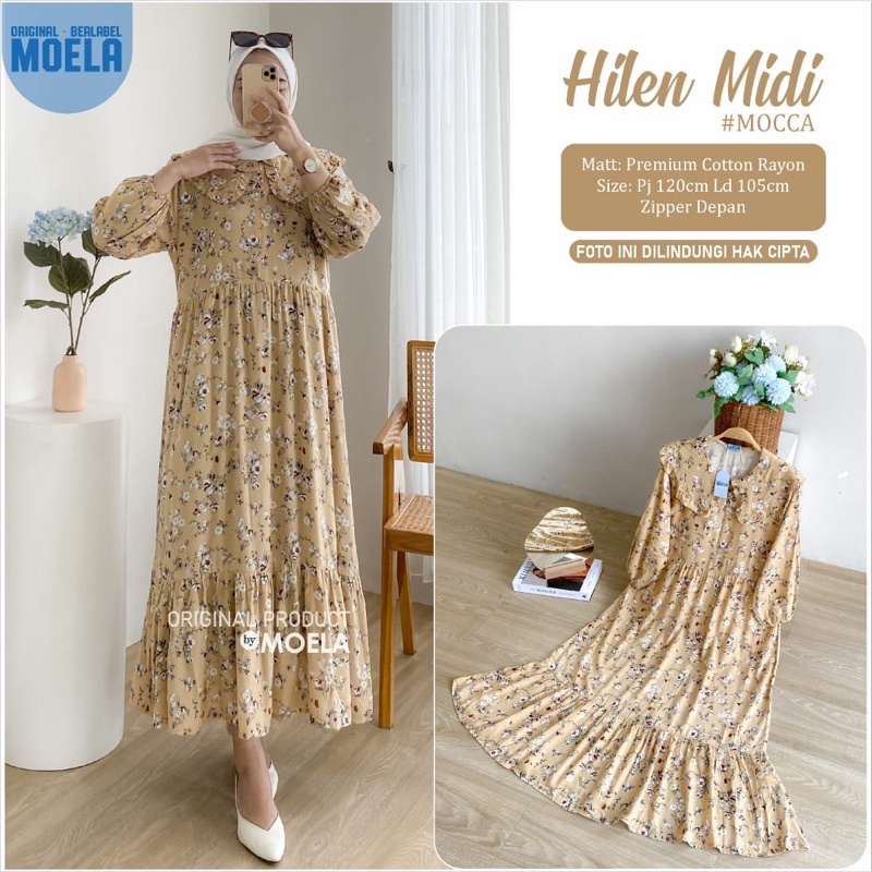 Midi Dress Motif Bunga Zipper Depan Hilen Midi Original by Moela
