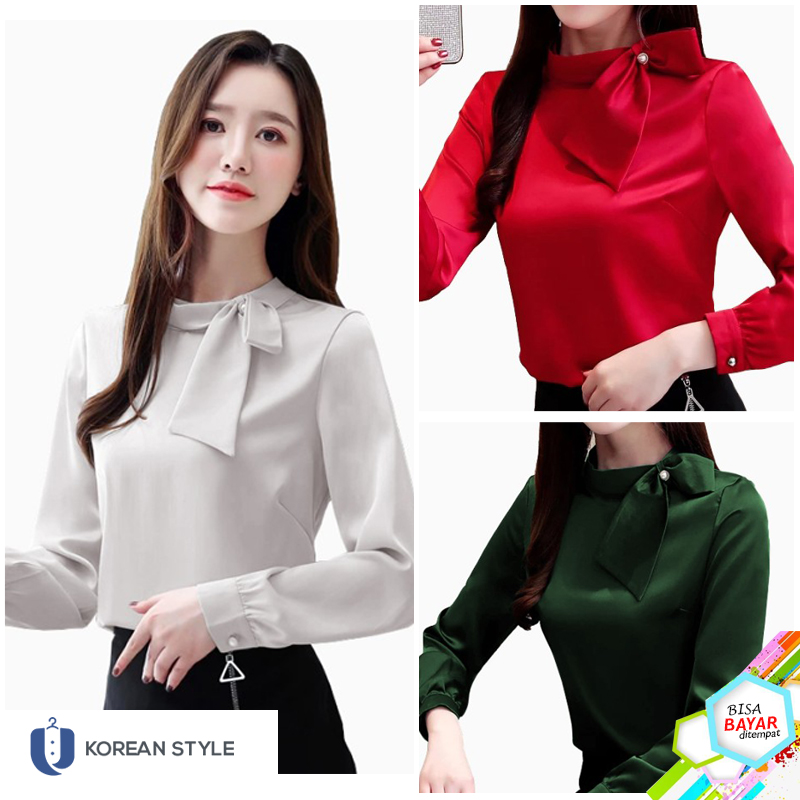 Blouse Korea Putih Polos Wanita Model Pita Leher Lengan Panjang Baju Atasan Kerja Wanita Jumbo