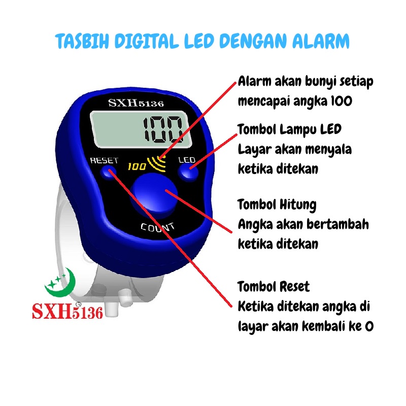 TASBIH DIGITAL LED ALARM BUNYI TIAP ANGKA 100 ADA LAMPU LED free BOX