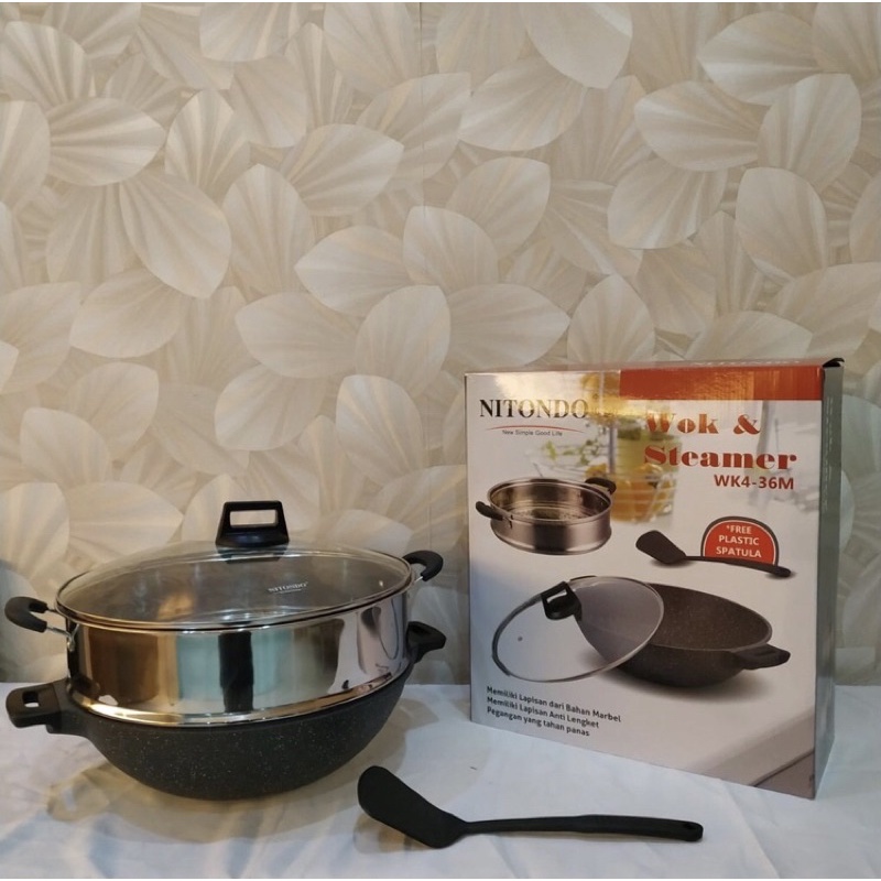 wok teflon kuali wajan teflon + kukusan stainless ukuran 36cm