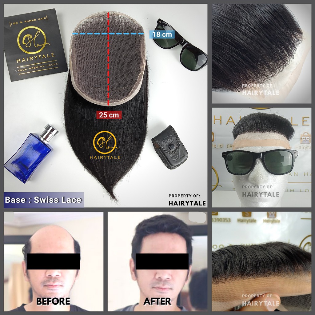 Toupee / tutup botak pria, Swiss Lace, luas 22x15cm/custom size, Hairytale 100% Human Hair