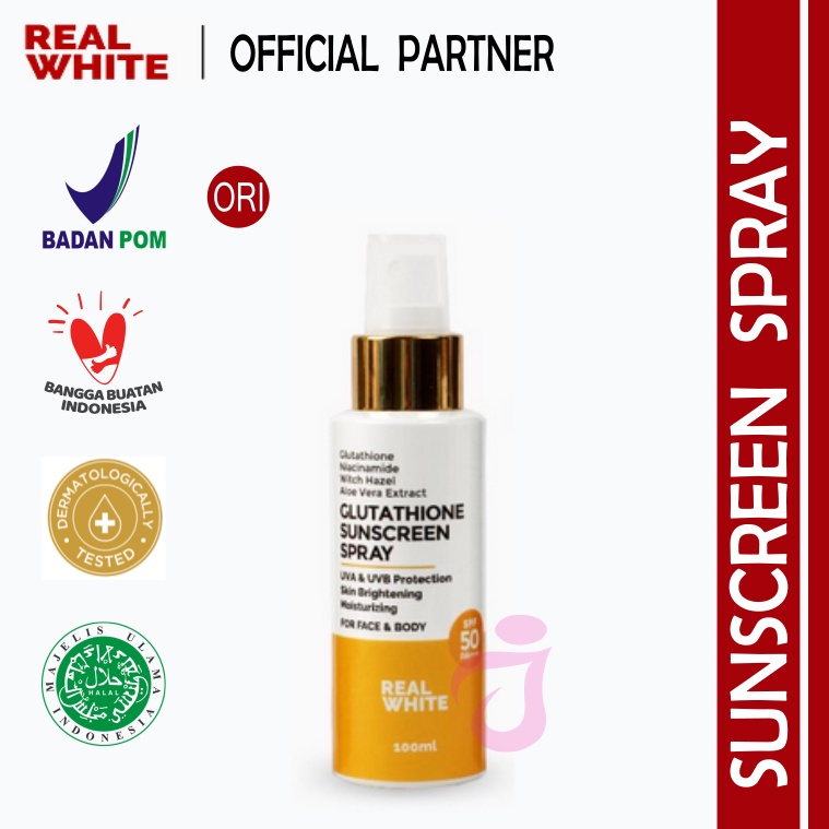 REAL WHITE Glutathione Sunscreen Spray SPF 50 PA+++ - Sunblock Tabir Surya UVA UVB Protection praktis tinggal semprot