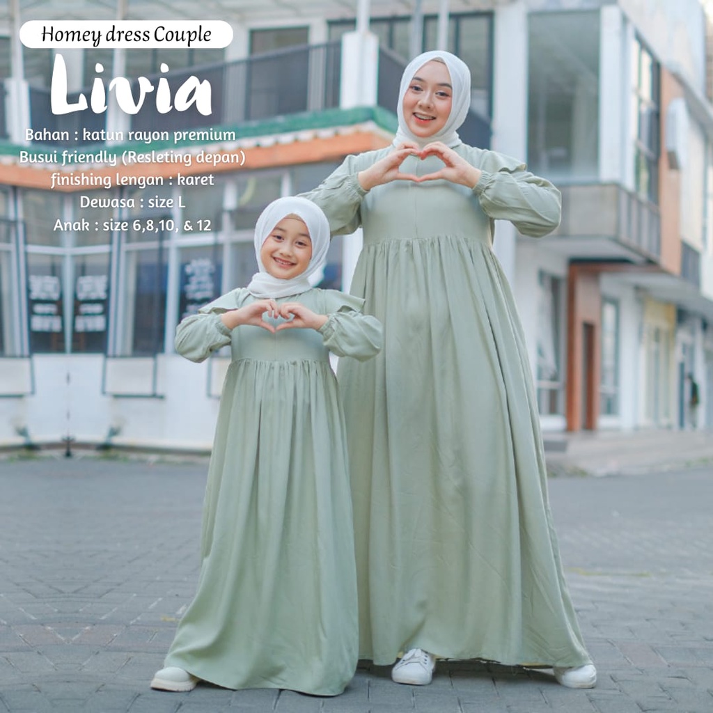 Homey Dress LIVIA Premium/Gamis Couple Mom &amp; Kids/Dress Rayon/Bahan Katun Rayon Premium/Gamis Busui Resleting Depan/Dress Tali Samping