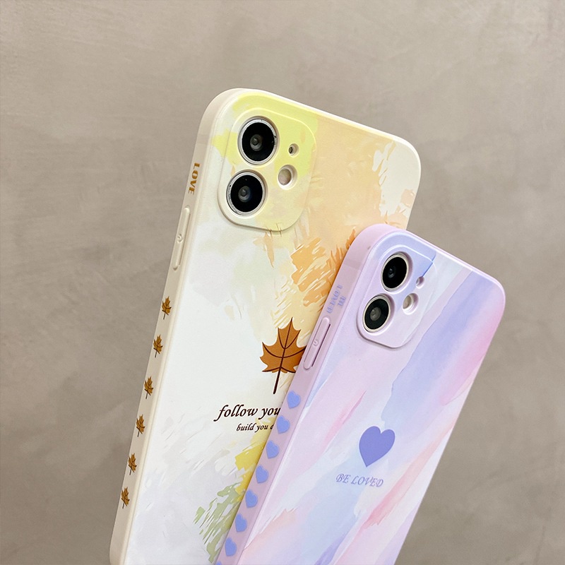 Original Design Oil painting love maple leaves Cube Case iPhone 6S 7 8 Plus XR XS Max ipHone 11 12 13 Pro Max Casing Cute Xiaomi Redmi 9A 9T nOTE 8 9 10 Pro Cartoon Back Protect Case