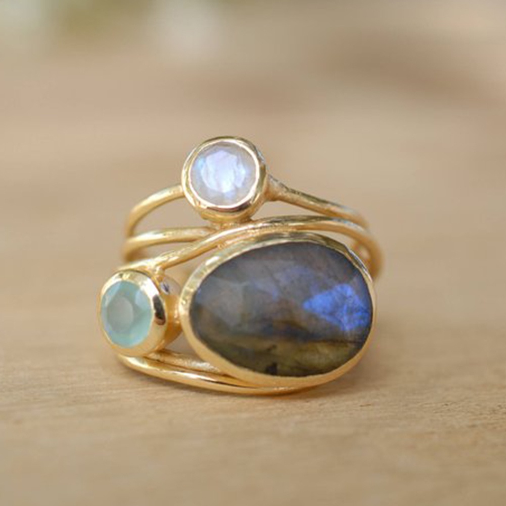 Hu Hu Hu Hu Hu Alat Bantu Pasang Kacamata♡ Cincin Multilayer Aksen Batu Moonstone Imitasi Gaya Vintage Untuk Wanita