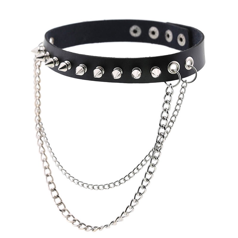 Kalung Choker Bahan Kulit Aksen Rivet Gaya Punk Gothic