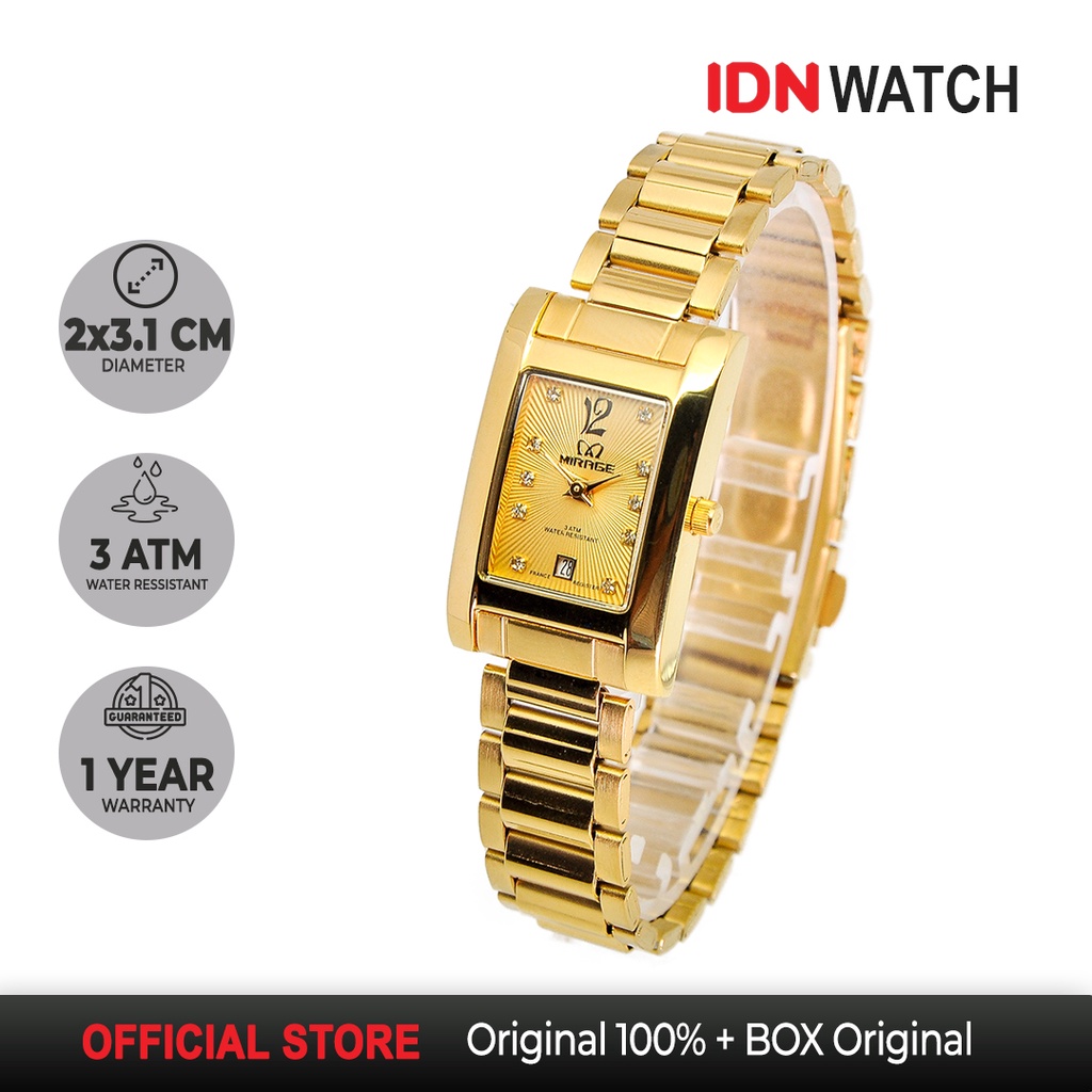 Jam Tangan Mirage Analog Wanita Mewah Gold Branded Petak Anti Karat Miragewatch Original 7062L