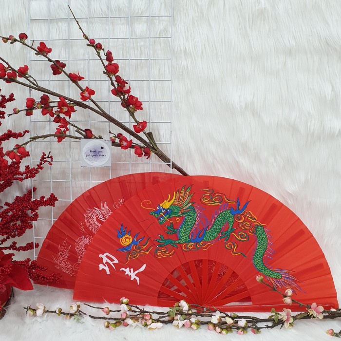 Aksesoris dekorasi hiasan meja imlek kipas besar chinese new year - Naga putih.